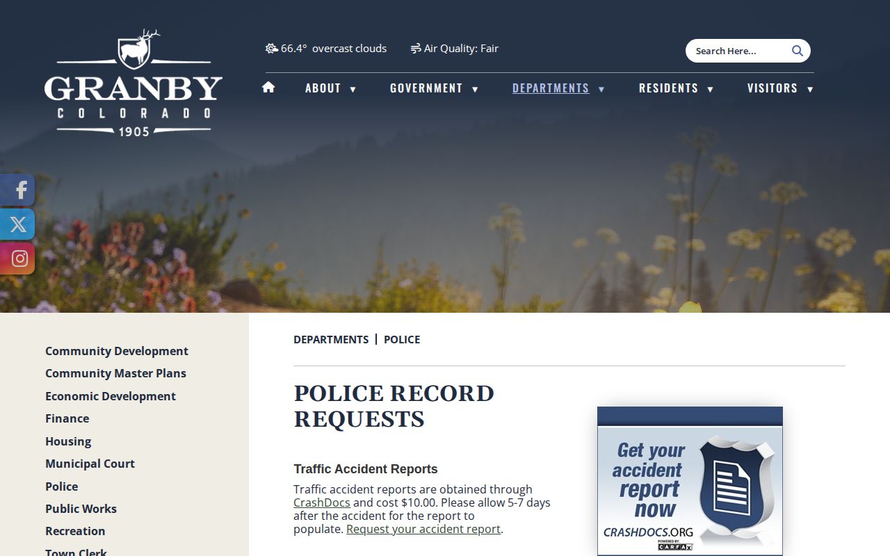 Granby police arrest records request page in Grand County