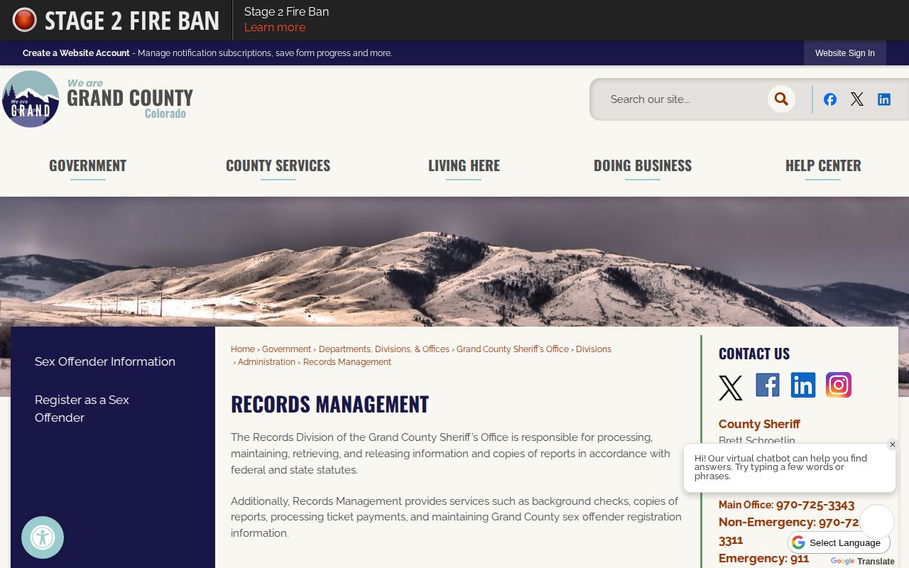 Grand County Sheriff records management page for arrest and booking records