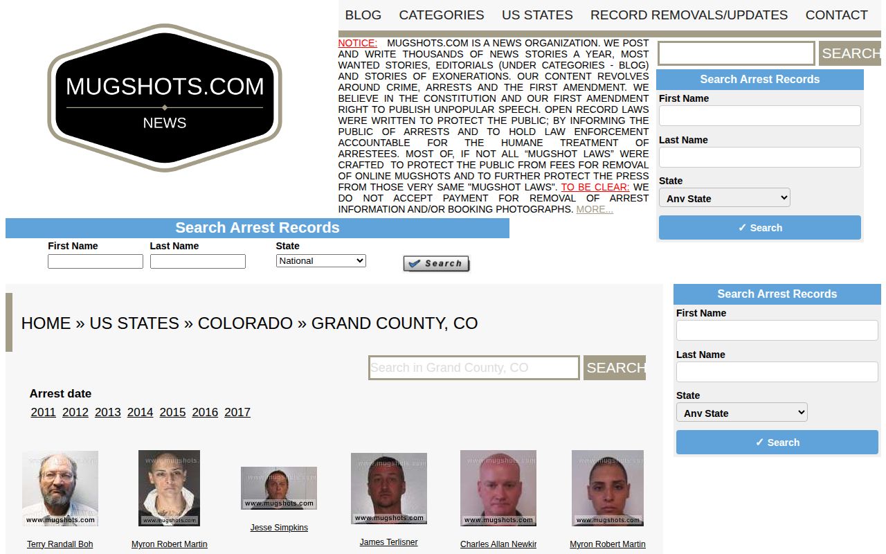 Unofficial historical Grand County mugshot page with stale arrest entries