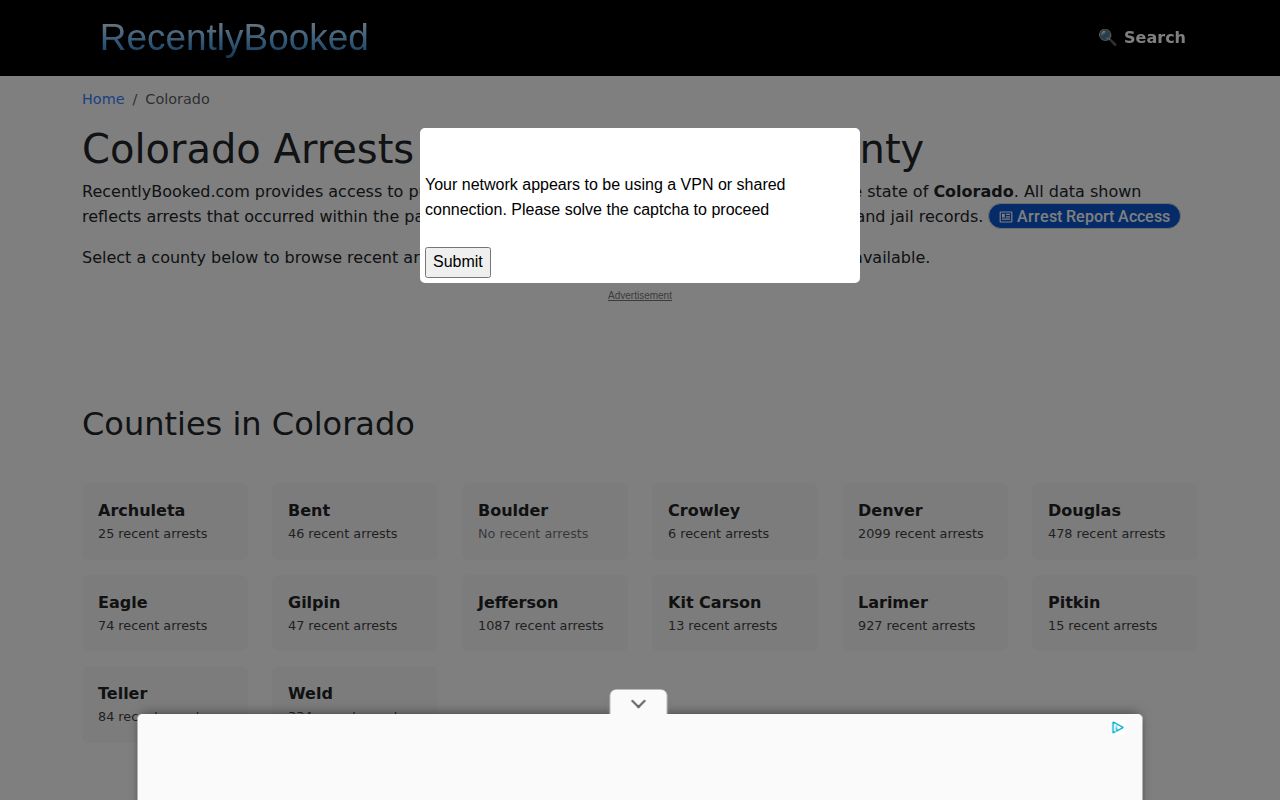 RecentlyBooked Colorado index omitting Grand County arrest records